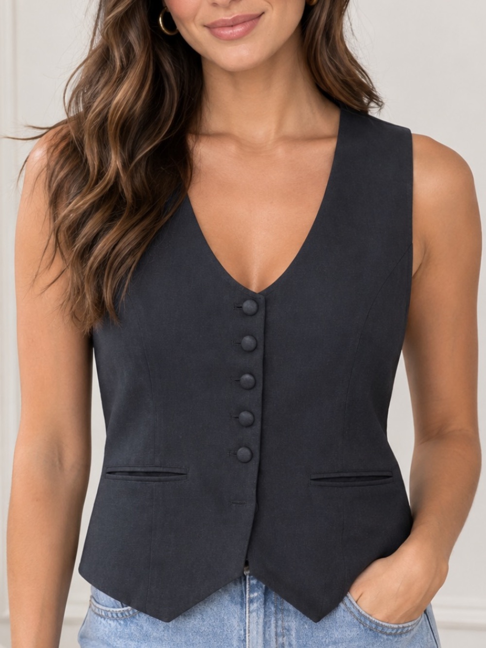 Classic Black Tailored  Button-Front Vest -  NWT - Sue L